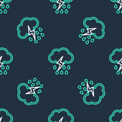 Line Cloud with rain and lightning icon isolated seamless pattern on black background. Rain cloud precipitation with rain drops.Weather icon of storm. Vector