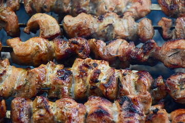 Skewers with pieces of grilled meat on the fire