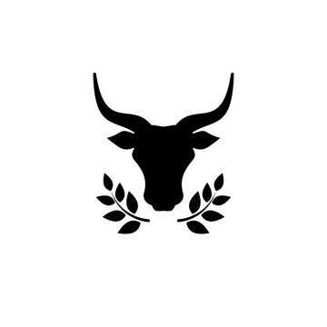 Bull head with laures wreath. Ox. Cow sign. Farm Animal. Beef or milk symbol.