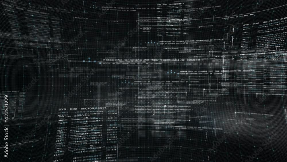 Aufkleber Futuristic simulation of 5G network concept, artificial intelligence quantum physic matrix particles deep learning performing analytic computational head up display loop background