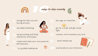 Ways to stop anxiety. Strees, anxiety, fear, depression treatment. Vector