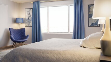 modern bedroom with blue accents. Bedroom with wooden floor and blue curtains