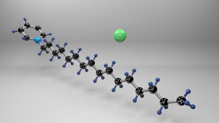 Cetylpyridinium Chloride molecule. Molecular structure of pristacin, antiseptic salt with broad-spectrum antimicrobial activity used in personal-care products. Footage available.

