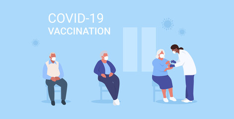 Coronavirus Covid 19 vaccination. Old people. Elderly virus protection. Vector