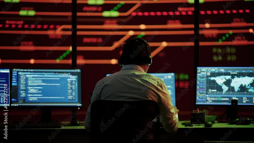 Aufkleber Professional IT Technical Support Specialist and Software Developer Working on Computers in Monitoring Control Room with Digital Screens with Server Data, Blockchain Network and Surveillance Maps. 