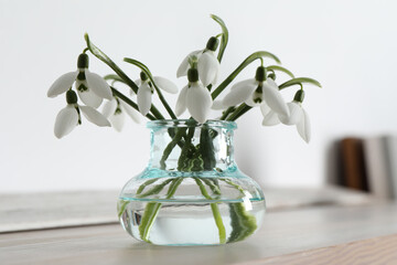 Beautiful snowdrop flowers in glass vase on wooden table