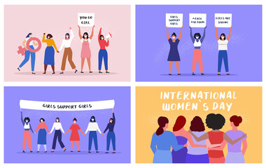 International Women's Day Concept with females holding banners. Feminism, Protest, Freedom, Equality. Vector