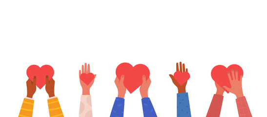 Hands holding hearts. Charity, volunteering, help, support, donation. Vector