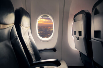 Empty seat on airplane while covid-19 outbreak destroy travel and airline business - obrazy, fototapety, plakaty