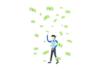 wealth man with flying money dollar paper in flat illustration vector , bussiness earning design concept  