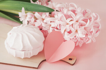 Pink hyacianthus flower, marshmallow and symbolic heart close-up, romantic pastel background. Concept of love, greetings