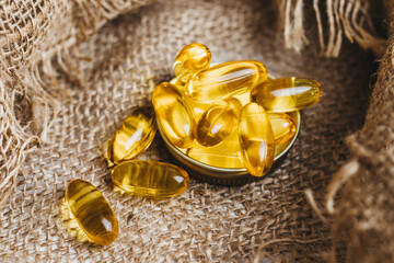Fish oil capsules. Vitamin complex omega 3,6,9. Fish oil capsules with omega-3, vitamin D. Close up
