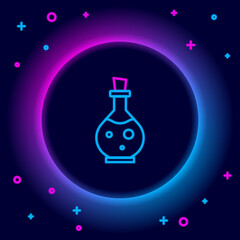 Glowing neon line Glass bottle with magic elixir icon isolated on black background. Computer game asset. Colorful outline concept. Vector