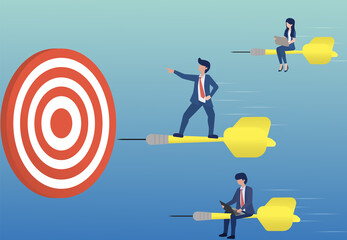The boss stands on the darts, aiming for the target. A good leader is often a guide to success for his employees and the organization. Lead the way to the right path.