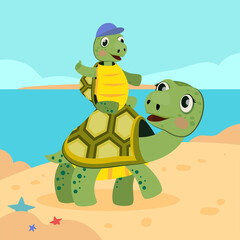 Turtle mother playing with her kid on beach and smiling. Sea, sand, family flat vector illustration. Animals and summer activity concept for banner, website design or landing web page