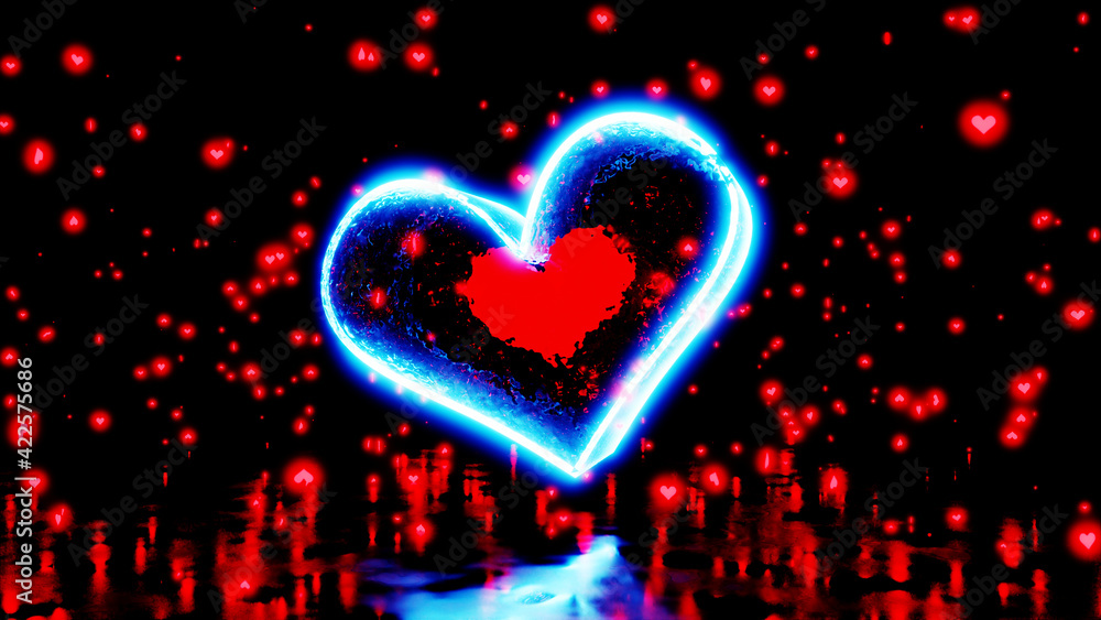 Poster 3d illustration graphic of a red color heart inside a big glowing transparent heart rotating in the 