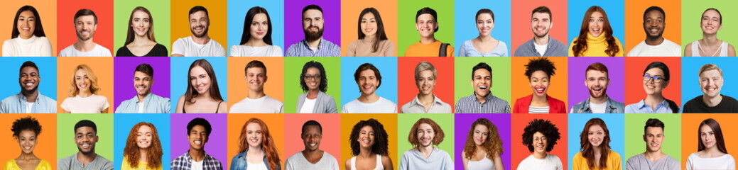Fototapeta na wymiar Mosaic Of Multiracial Millennial People Faces Headshots Over Colorful Backgrounds