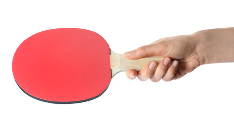 Woman holding ping pong racket on white background, closeup