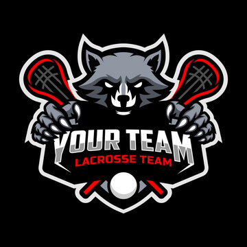 Raccoon mascot for a lacrosse team logo. Vector illustration.