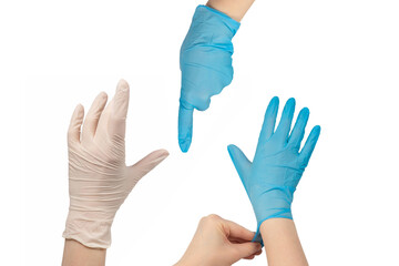 Woman puts on white rubber gloves.