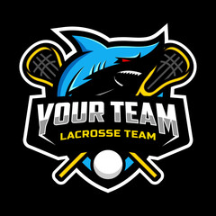 shark mascot for a lacrosse team logo. school, college or league. Vector illustration.