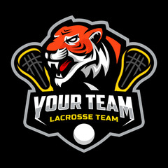 Tiger mascot for a lacrosse team logo. Vector illustration.