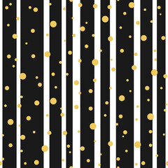 Seamless abstract pattern with black stripes and golden dots or circles.