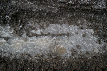 Wheel tracks on the soil. Tire tracks on the ground. Soil texture background. Ground. Soil closeup and high detail. Ground surface. Late fall. Autumn. Frozen Puddle. Ice and Snow. Abstract background