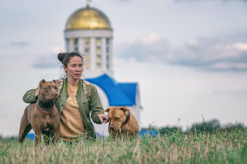 Young beautiful dark-haired girl with pit bull terriers in the field. A church is visible in the...