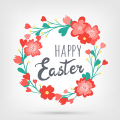 Easter decorative hand drawn cute wreath with flowers, leaves, text. Lettering Happy Easter holiday. Spring floral colorful collection. Abstract vector illustration for greeting card, invitation