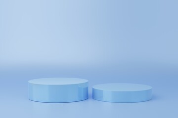 3d illustration pedestal,geometric step blue cylinder podium platform for cosmetic product presentation.Mock up design empty space. Abstract composition in white background modern style