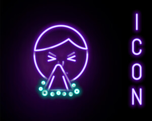 Glowing neon line Man holding handkerchief or napkin to his runny nose icon isolated on black background. Coryza desease symptoms. Colorful outline concept. Vector