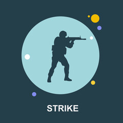 Strike counter army person with gun moving forward for attack flat concept design