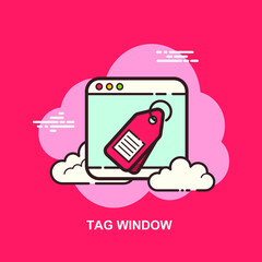 Tag window e commerce retail shops on red background flat concept design
