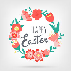 Easter decorative hand drawn cute wreath with flowers, leaves, text. Lettering Happy Easter holiday. Spring floral colorful collection. Abstract vector illustration for greeting card, invitation