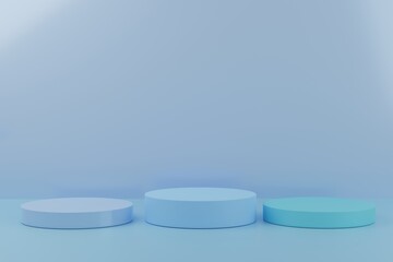Step podiums blue background. Abstract pedestal scene with geometrical. Scene to show cosmetic products presentation. Mock up design empty space,Showcase,shopfront,display case,3d illustration