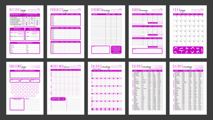 Vector fitness planner page templates. Strength training, cardio and yoga workouts, diet planners and calorie counting. Simple design. Bright magenta color.
