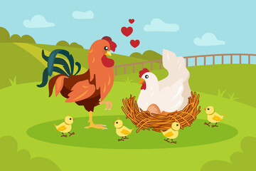 Happy rooster, hen and chickens on lawn. Family, nest, egg flat vector illustration. Farm animals and birds concept for banner, website design or landing web page