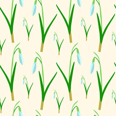 Spring flowers Snowdrops. Seamless vector pattern. Flat style. Illustration for the design of fabric, paper, notebooks