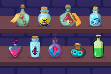 Glass bottles with magic ingredients on shelves. Poison, mushroom, potion flat vector illustration. Witchcraft and alchemy concept for banner, website design or landing web page - obrazy, fototapety, plakaty