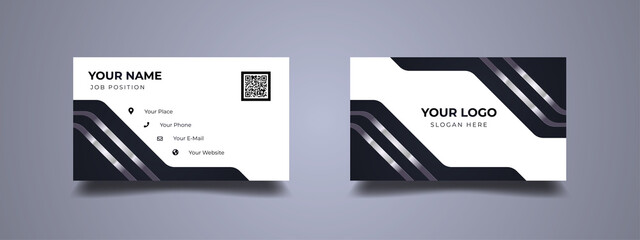 Modern business card design with trendy minimalist shape in silver metallic. Background white and black luxury. Vector illustration print template.