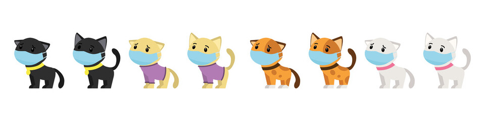 A set of cats in medical masks with a bad and good mood. Protecting health from viruses. Little kittens during the coronavirus. Vector illustration