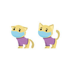 Cats in medical masks with a bad and good mood. Protecting health from viruses. Little kittens during the coronavirus. Vector illustration