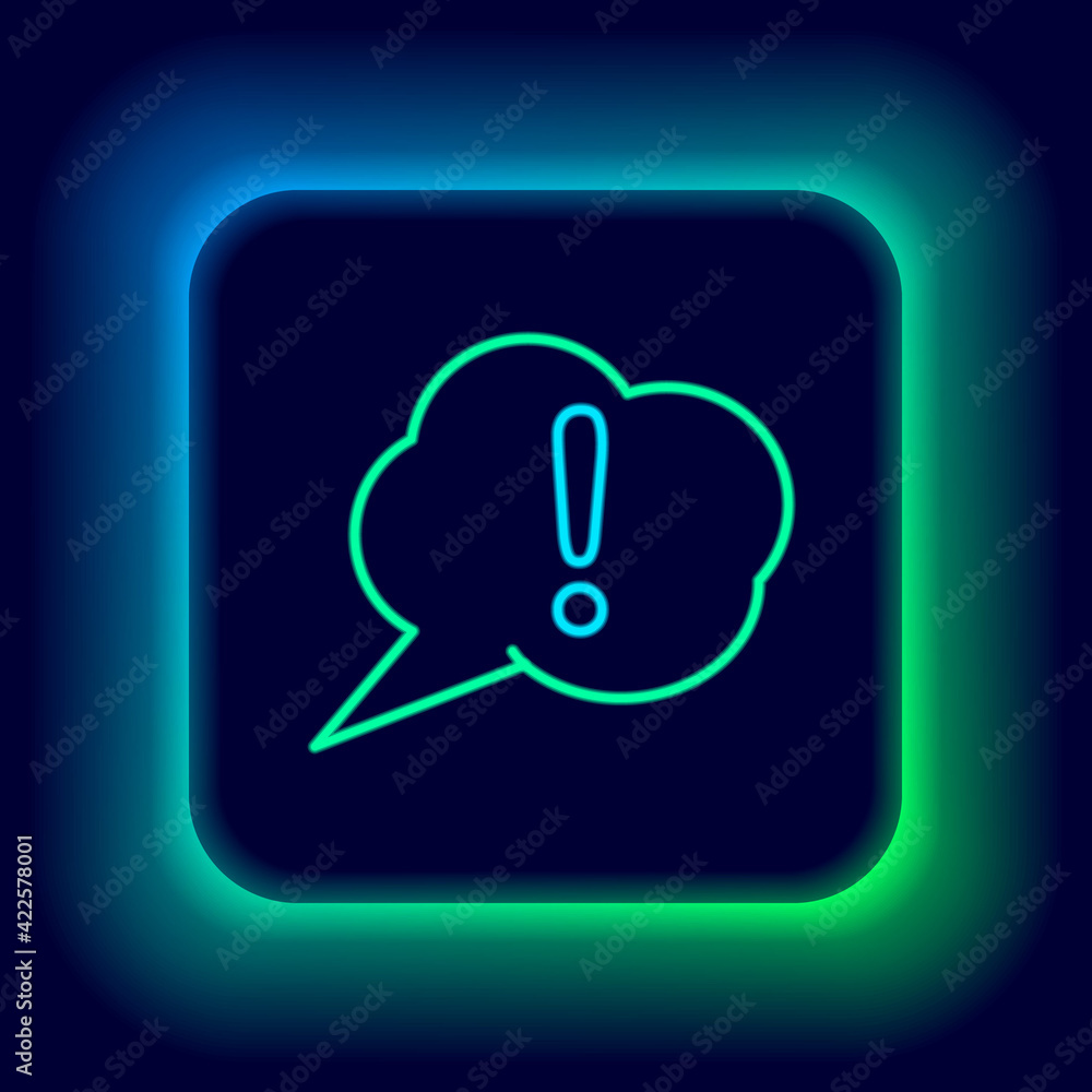 Poster glowing neon line speech bubble and exclamation icon isolated on black background. faq sign. copy fi