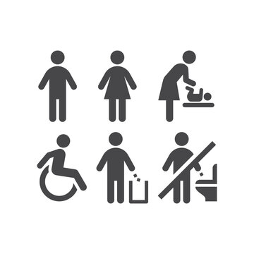 Wc or toilet black vector icon set. Men, women, ladies and gentlemen restroom signs. Disabled and changing room symbols.