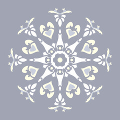 Mandala with hearts and candles. Pattern. Blue jean color, pale yellow and white. Pastel colors. Vector.