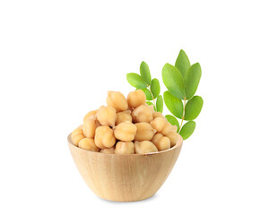Boiled Chickpeas In a wooden bowl with leaves. Isolated white background