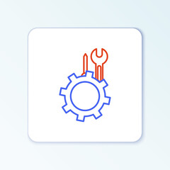 Line Wrench and screwdriver in gear icon isolated on white background. Adjusting, service, setting, maintenance, repair, fixing. Colorful outline concept. Vector
