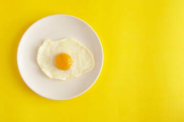 Fried eggs on a white plate. View from above. Minimalistic composition on a yellow background.