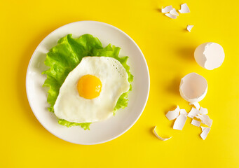 Fried eggs with lettuce on a white plate, eggshell next to the plate.View from above. Minimalistic composition on a yellow background.
